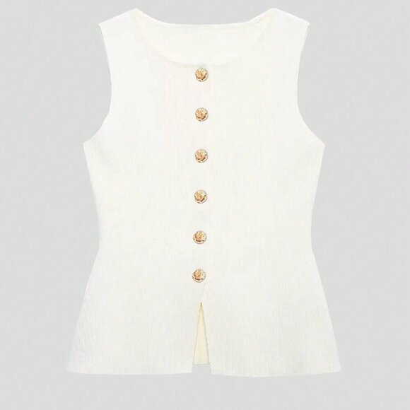 White Casual Women's Metal Button Open Front Sleeveless Jacket - Picture 5 of 9